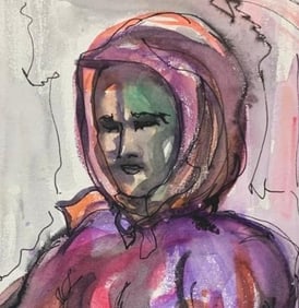 1940s Double Sided Hand Drawn Watercolor and Ink Artwork, Artist Signed