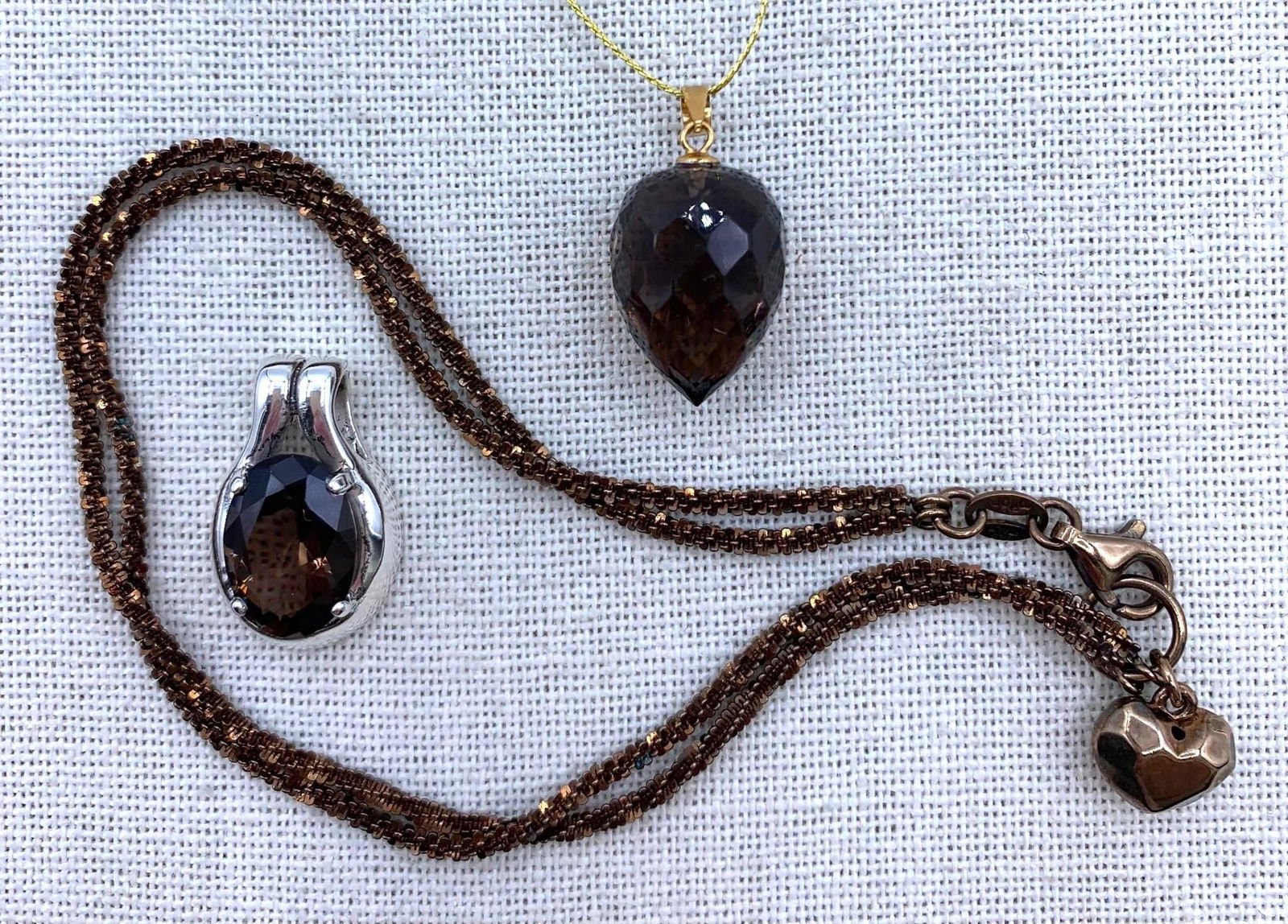 3 pc Sterling Silver Smoky Quartz Gemstone Pendants & Milor Italy Heart Ankle Bracelet Collection: * 925 UTC hallmarked gold vermeil, faceted Smoky quartz pendant, 16x13mm* KBN 925 hallmarked Sterling? framed Smoky quartz, 14x10mm gem, 4.5 gram weight* Milor Italy 925 hallmark, heart charm, 9"