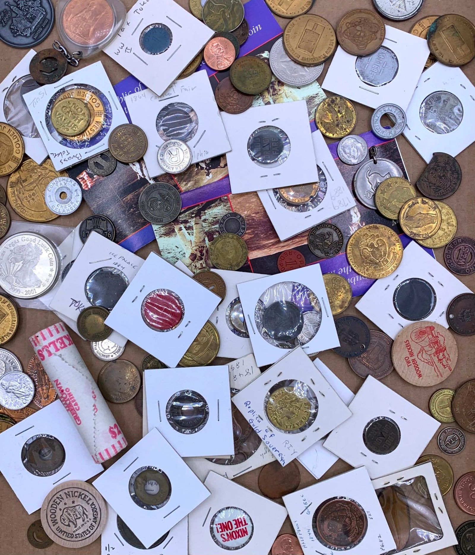 155 pc Antique to Vintage Token, Medal, Souvenir, Trinket, Old Coin Collection: Gaming and advertising tokens, transportation tokens, old coins, 1936 Cleveland Great Lakes Expo flat penny, German military man See Haus EM club token, antique Hungarian memorial medal, early trade t