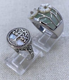 2 Sterling Silver Mother of Pearl Tree of Life & Floral Jade Panel 925 Rings