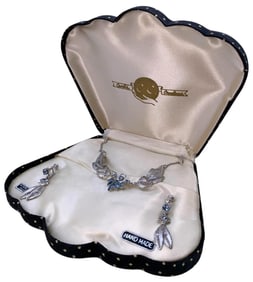 Unworn CURTIS CREATIONS Mid Century Sterling Silver Filigree Necklace & Earring Ensemble in Case