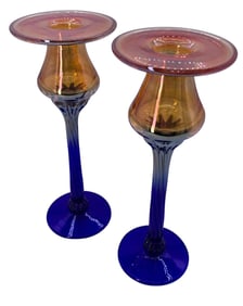 Pair Rick Strini Artisan Signed Hand Blown Iridescent Art Glass Candle Stick Holders