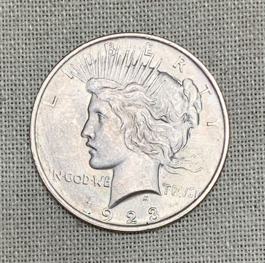 1923 Silver Peace Dollar, $1 US Coin: Good Definition and Shine, Cased as shown.