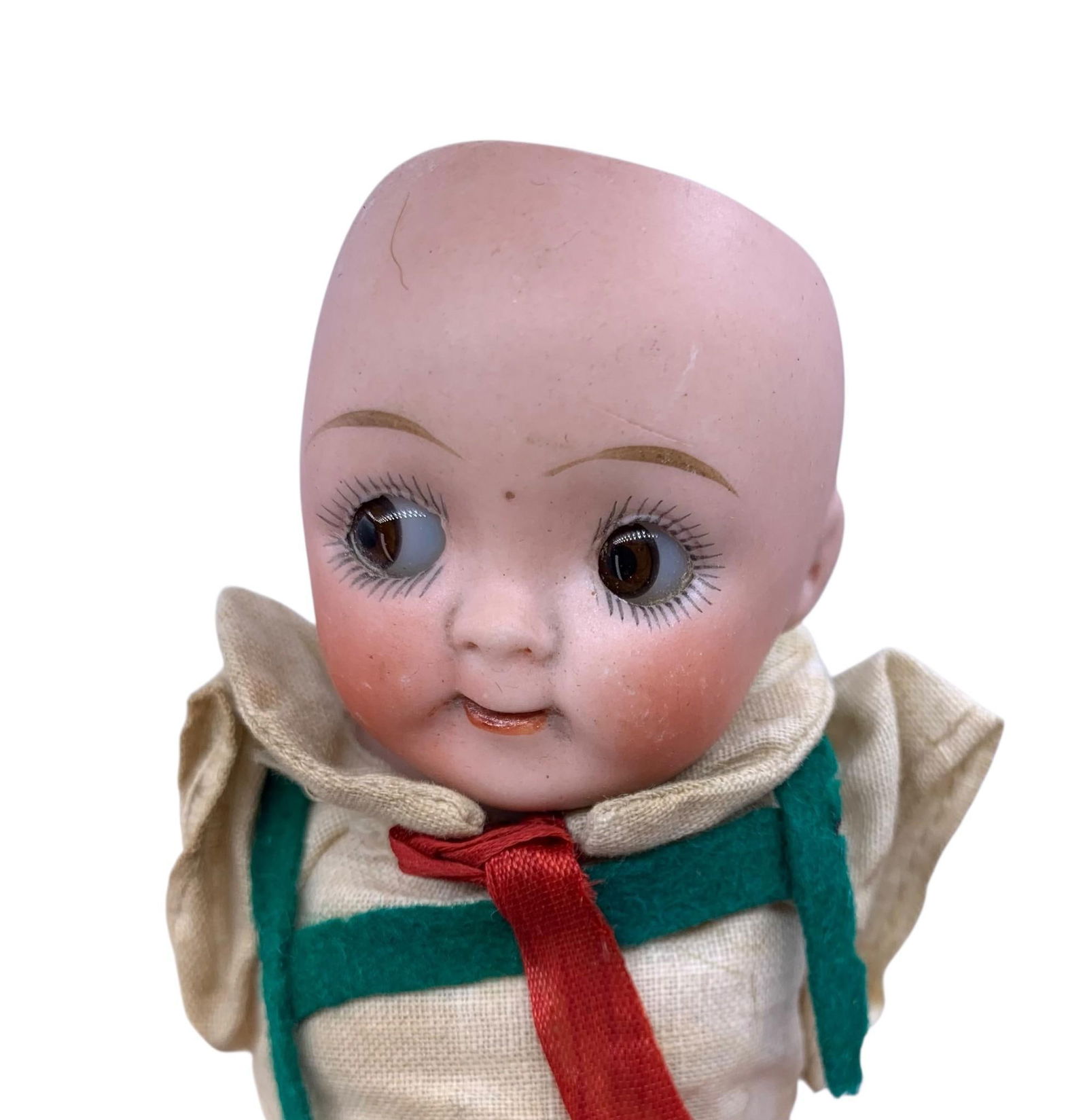 2 pc Antique Googly Sleep Eye Porcelain Boy Doll & Vintage Victorian Style Doll Pair: * 6 1/4", functioning sleep eyes, no pate or arms, strung legs, early woolen clothing, 543.01 16 stamped head* 17 1/2", stuffed body, porcelain boots/hands/head, machine sewn Victorian style d