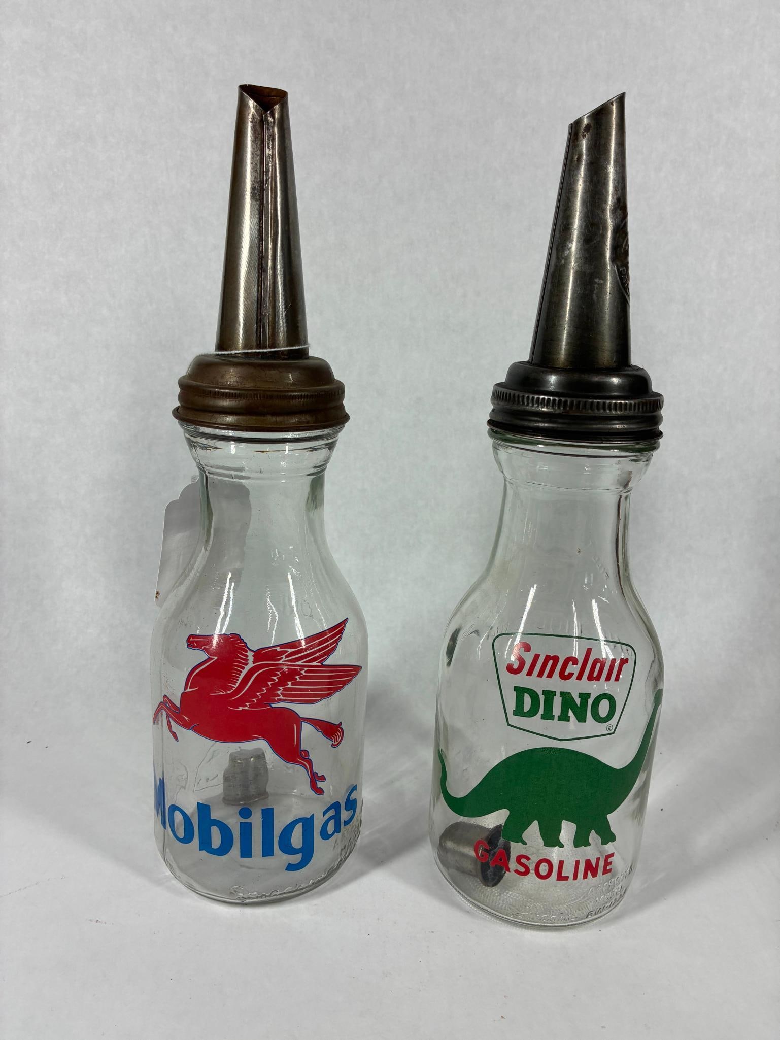 Sinclair and Mobiloil Glass Oil Bottles: This is a newer pair. Each approx 14 inches tall