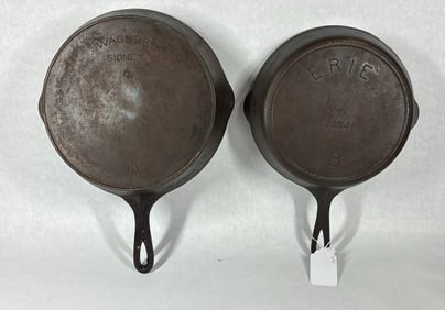 Erie No. 8 and Wagner No 10 Cast Iron Skillets w/ Fire / Heat Rings