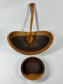 Dark Walnut Oval Bowl, Serving Bowl, and Hand Carved Scoop
