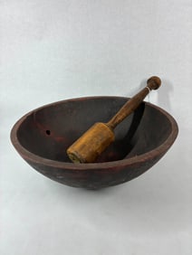 Large Primitive Wooden Red Painted Dough Bowl w/ Wood Pestle