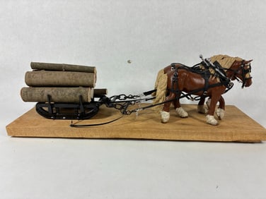 Draft Horse Team Pulling Log Wagon on Board Mount Display