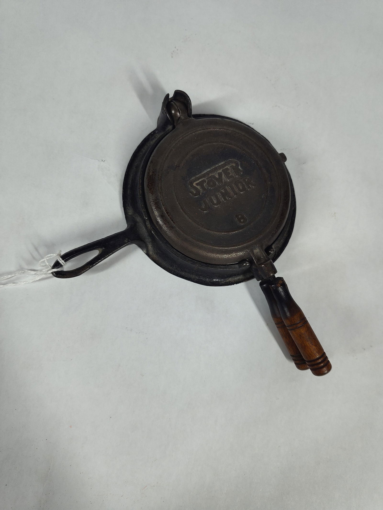 Stover Junior Childs Cast Iron No. 8 Toy Waffle Iron w/ Low Base: Good clean condition with chipping showing from inside of wooden handles as shown in photos 
