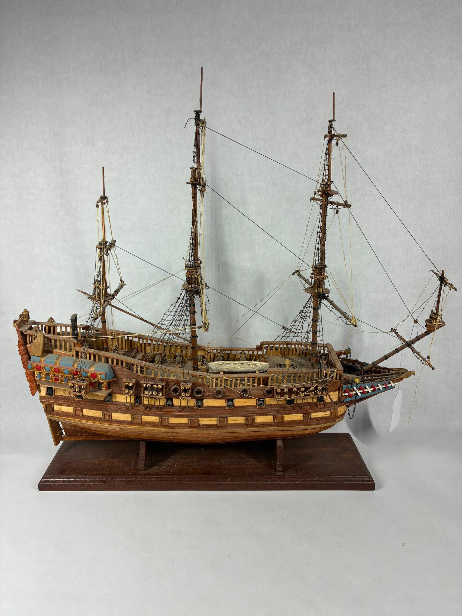 Ersatzia 1690s 4 Mast Ship Model: Hand crafted with lots of detail. May need dusted or a few loose parts reattached. 22 inches long x 24 inches tall.