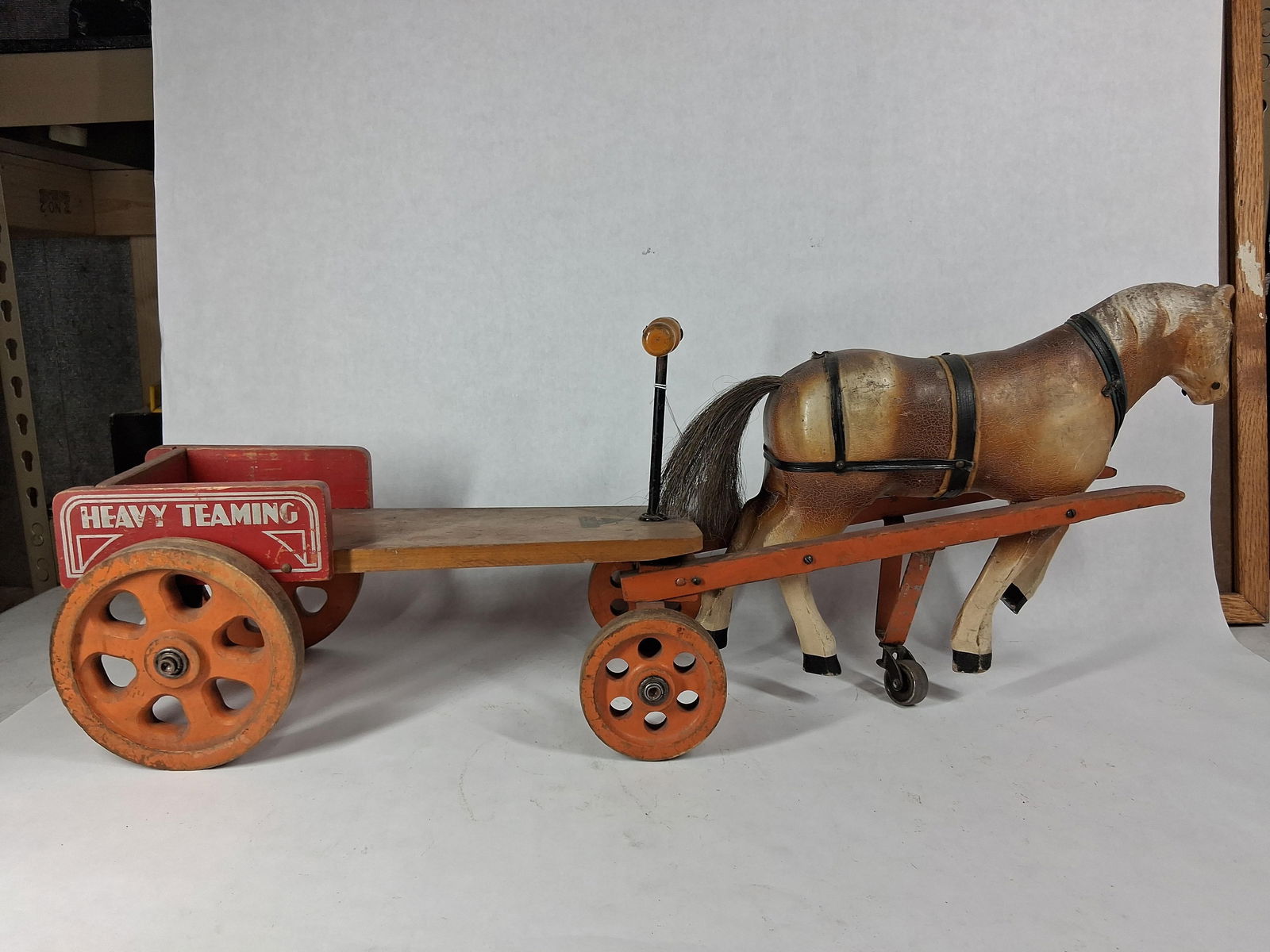Drive Em Horse and Wagon: Primitive horse ride on toy, with real horse hair tail and wooden horse and wagon. 31 inches long. 
