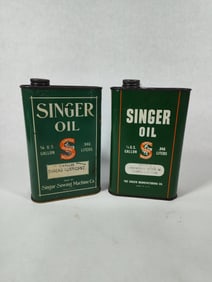 Singer Sewing Machine Co. Thread Lubricant and Type C Machine Oil Cans w/ Great Color & Graphics