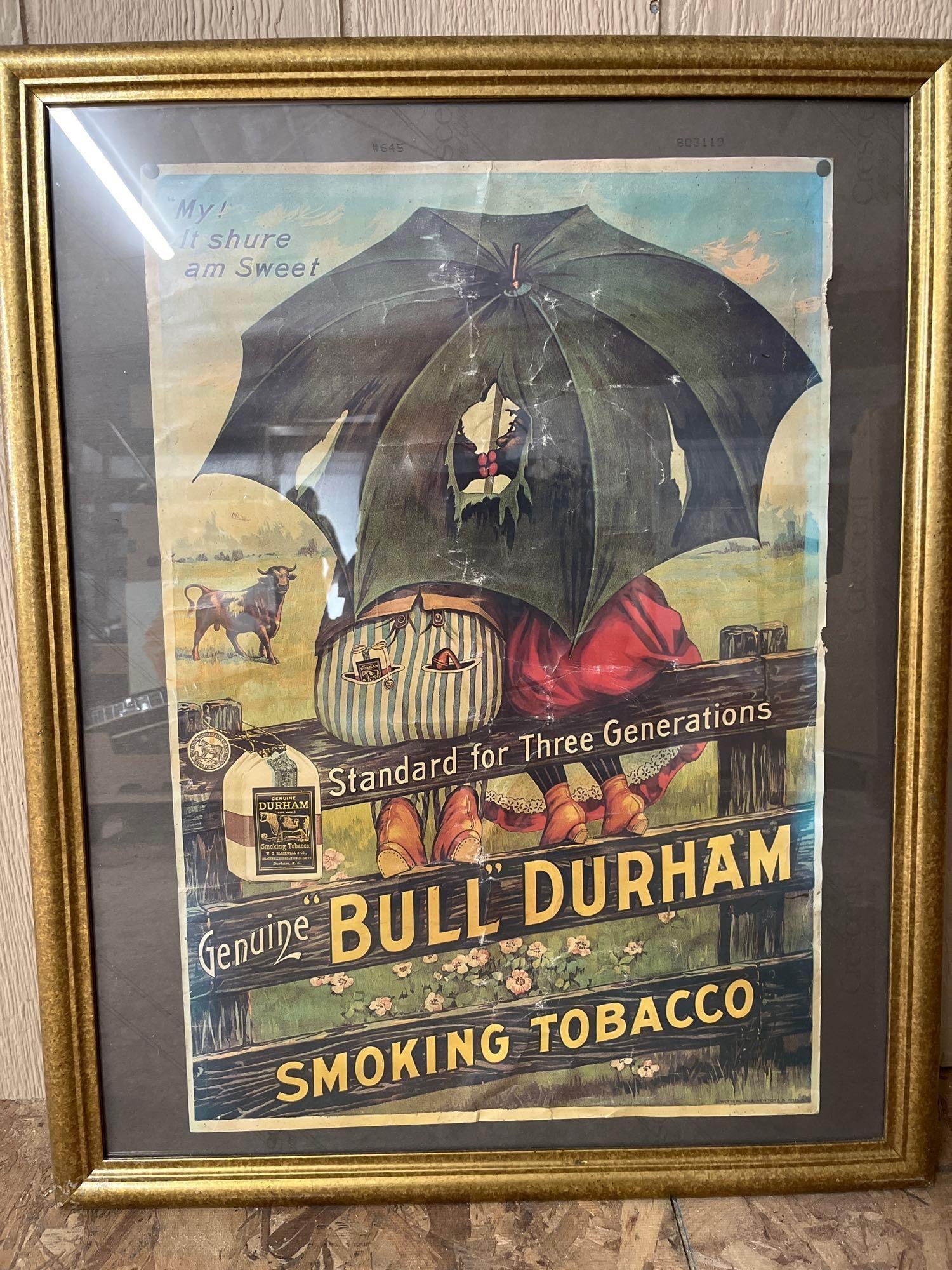 Bull Durham Smoking Tobacco Advertising Poster: Framed card stock poster. Does not appear to be an original but it is an older print. Poster is 25.5x17, with several creases and worn edges