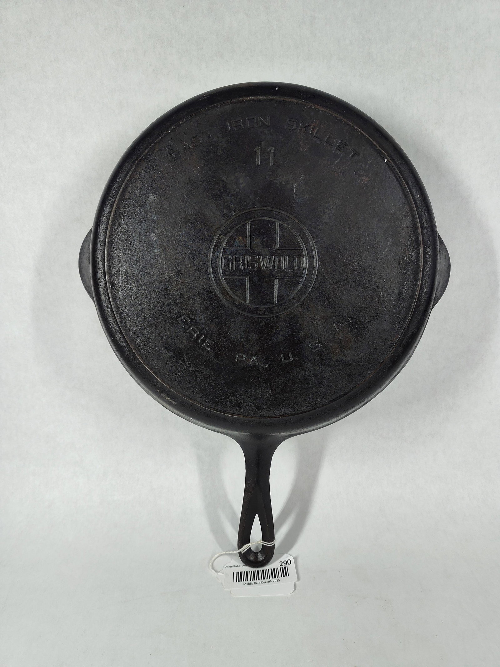 Griswold Large Block Logo No. 11 Cast Iron Skillet: good overall condition showing minor areas of carbon buildup 