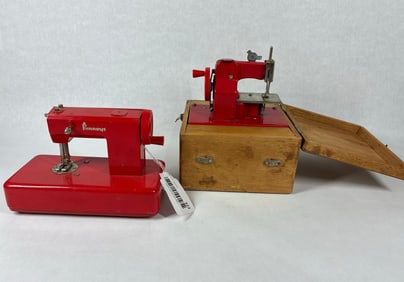 1950's JC Penneys Red Metal Childs Sewing Machine & Childs Battery Op Sewing Machine in Wood Case