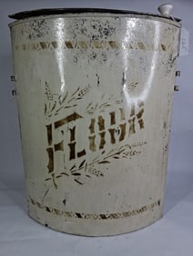 Large Painted Early Tin Hinge Lidded Flour Bin