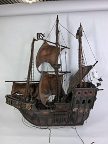Very Early Wooden Pirate Ship Table Model Marked 1492