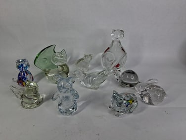 Art Glass Paper Weight Lot of Various Animals Inc. Cats, Bear, Birds, Turtle and More