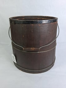 Primitive Slat and Banded Wooden Bucket w/ Bale Handle