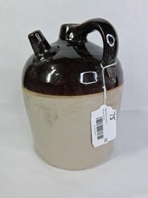 Early Whiskey / Moonshine Stoneware Glazed Handled Crock Jug w/ Spout
