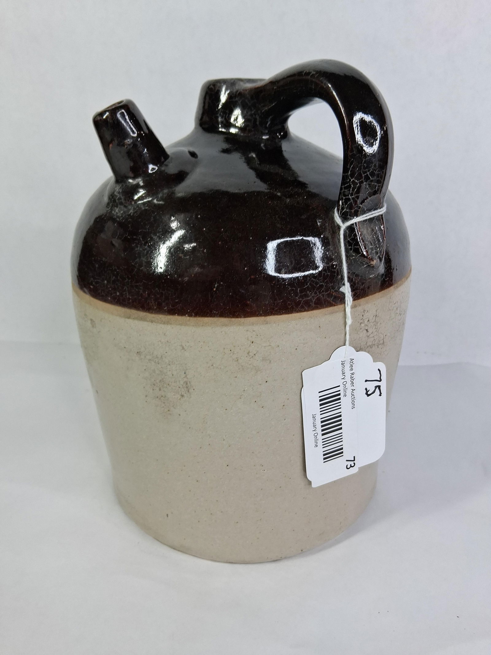 Early Whiskey / Moonshine Stoneware Glazed Handled Crock Jug w/ Spout: Showing crazing