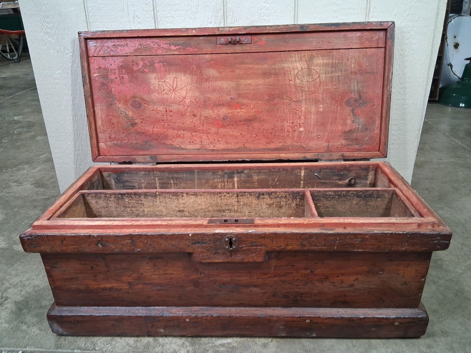 Awesome Restored Coffin Style Carpenters Tool Chest: Interior features a red paint, with a clear finish to outside. 36x15x13. Very clean with iron handles. 