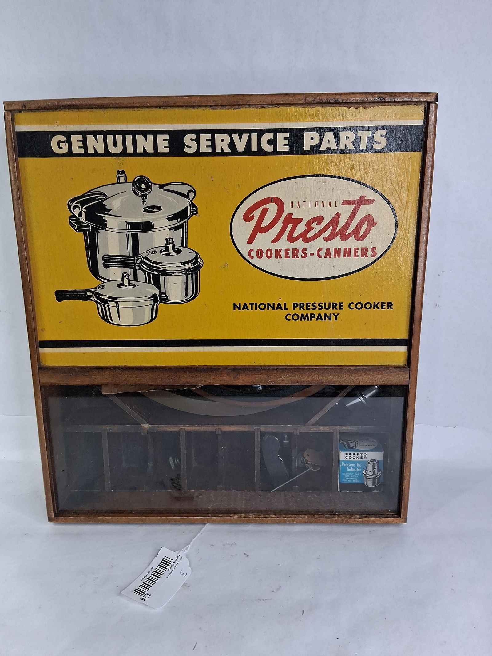 Mid Century Nat. Presto Cookers & Canners Genuine Service Parts Shop Hinged Lid Wall Display: This great store wall hanging parts display is fully intact with parts and accessories as well as paper work? 17.5 x 15.5