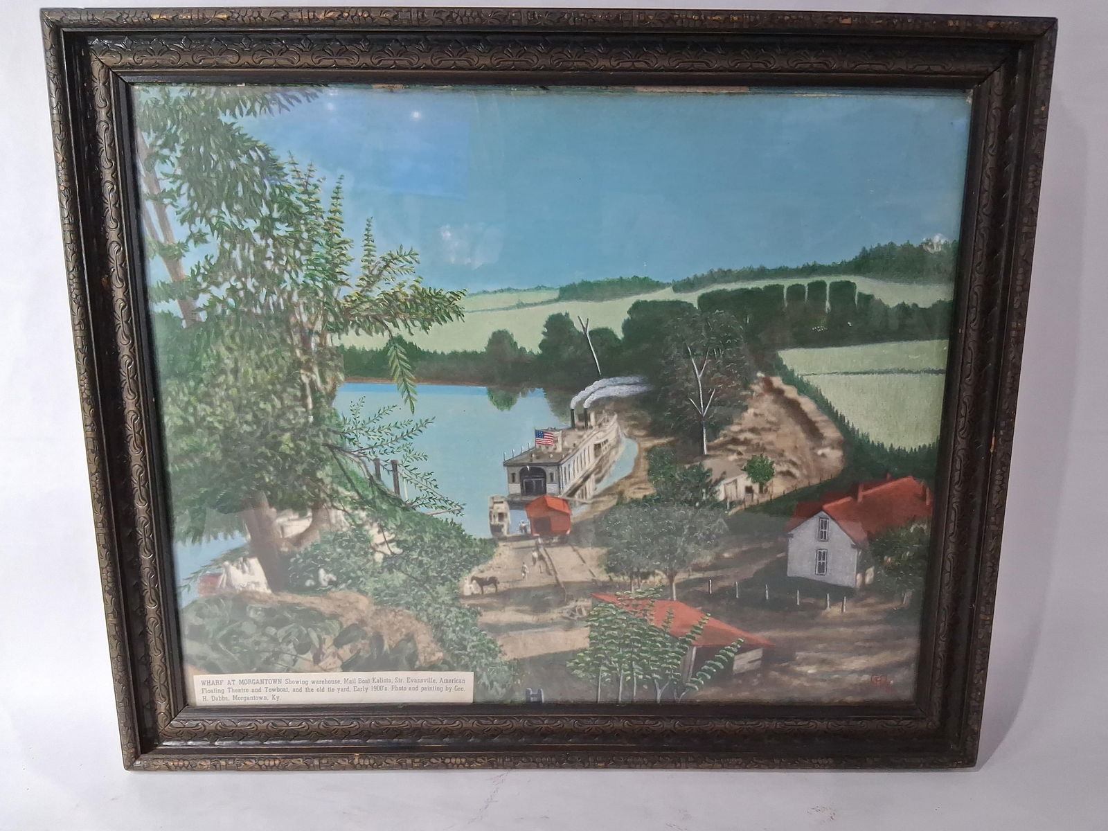 Wharf at Morgantown Signed Painting: Bright color featuring early American flag, warehouse, Mail Boat Kalista, Str Evansville, American floating Theatre and Towboat. Early 1900 photo with painted over details. Morgantown, KY