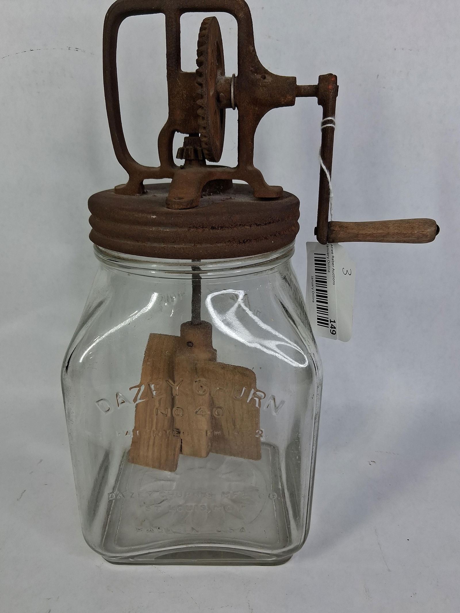 Dazey No 40 Churn: Metal lid with wooden paddle. 14 inches tall