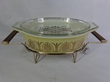 MCM Golden Classic Pyrex Casserole Dish w/ Twin Warmer Caddy