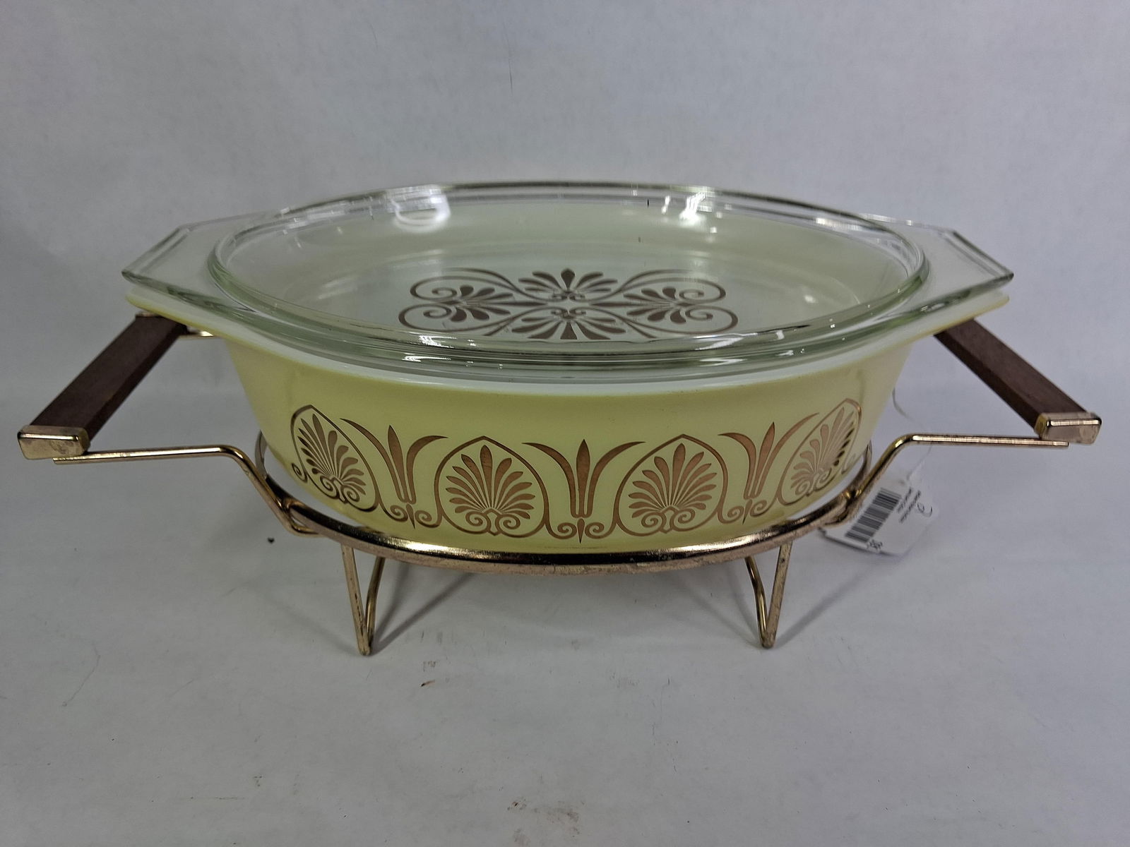 MCM Golden Classic Pyrex Casserole Dish w/ Twin Warmer Caddy: In good overall condition? ?