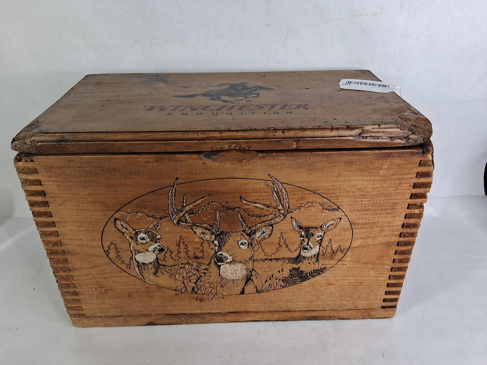 Winchester Dovetailed Wood Ammo Crate w/ Handles: Great buck scene to front with areas of wear due to age? 16 x 9 x 11