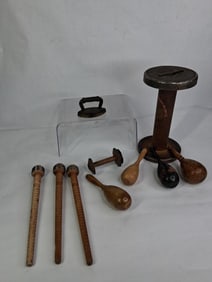 Primitive Lot of Wood Darning Eggs/Sock Darners, Wood Bobbins and Textile Spools