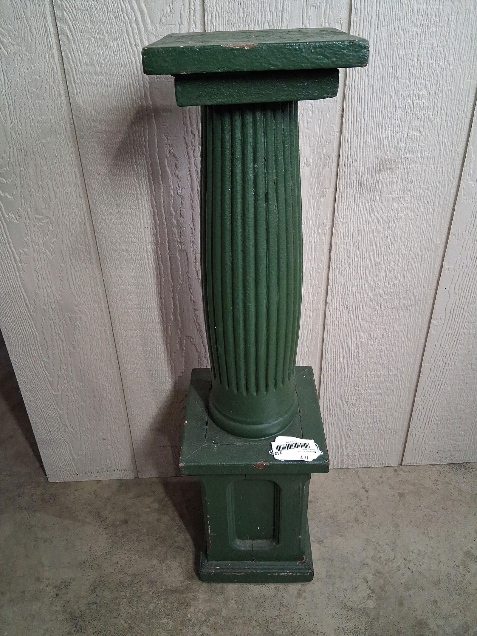 Primitive Green Painted Wood Fluted/Vertically Grooved Column Pedestal: Great primitive pce with minor areas of wear and paint loss due to age and usage? 35 in. H?
