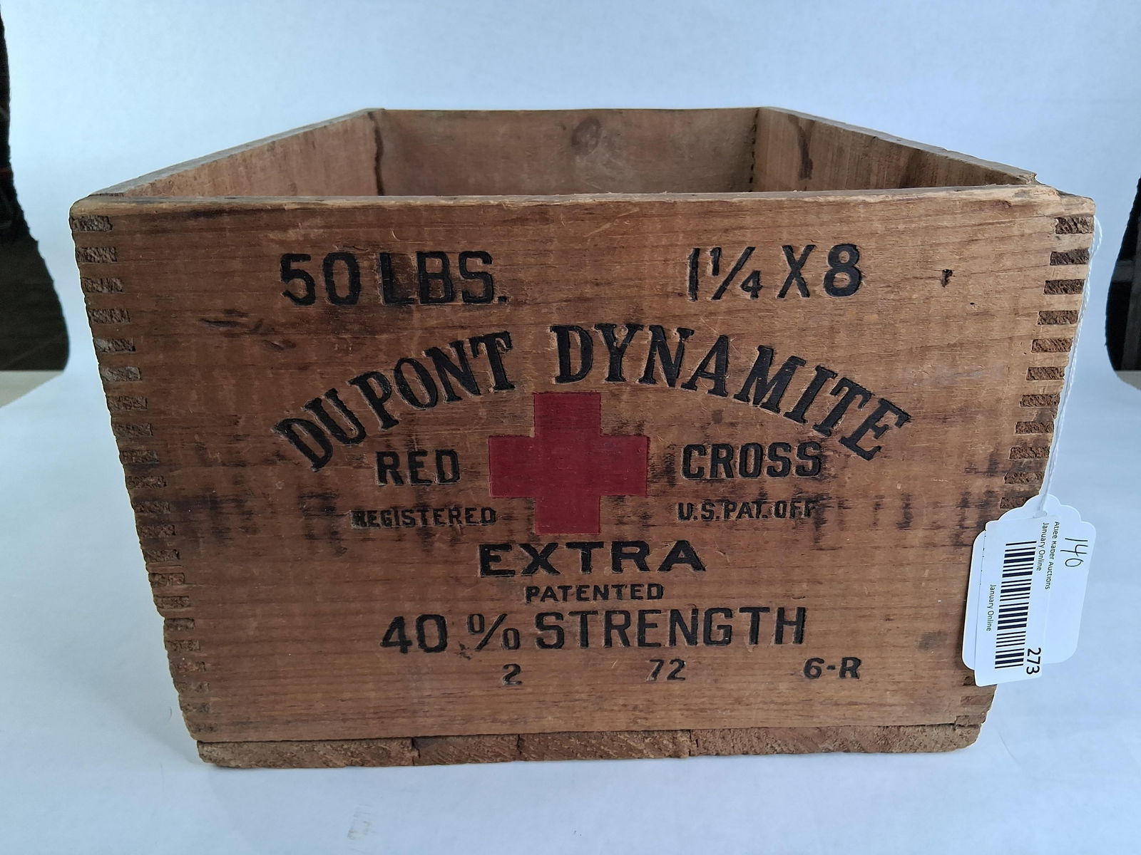Dupont Dynamite Shipping Crate: Stenciled sides with the Red Cross logo. Dovetailed corners. 18x12x8.5
