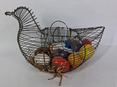 Primitive Wire Hen Basket w/ Marble and Ceramic Eggs