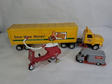 Kiddie Car Classic Super Sonda, Sealtest Milk Van and Ertl Valu Food Tractor Trailer