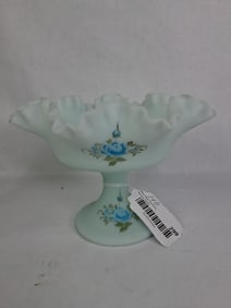 Fenton Hand Painted & Signed Blue Satin Milk Glass Ruffled Floral Compote