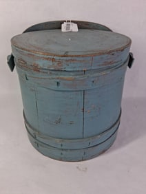 Primitive Robin Egg Blue Painted Lidded and Handled Firkin/ Sugar Bucket