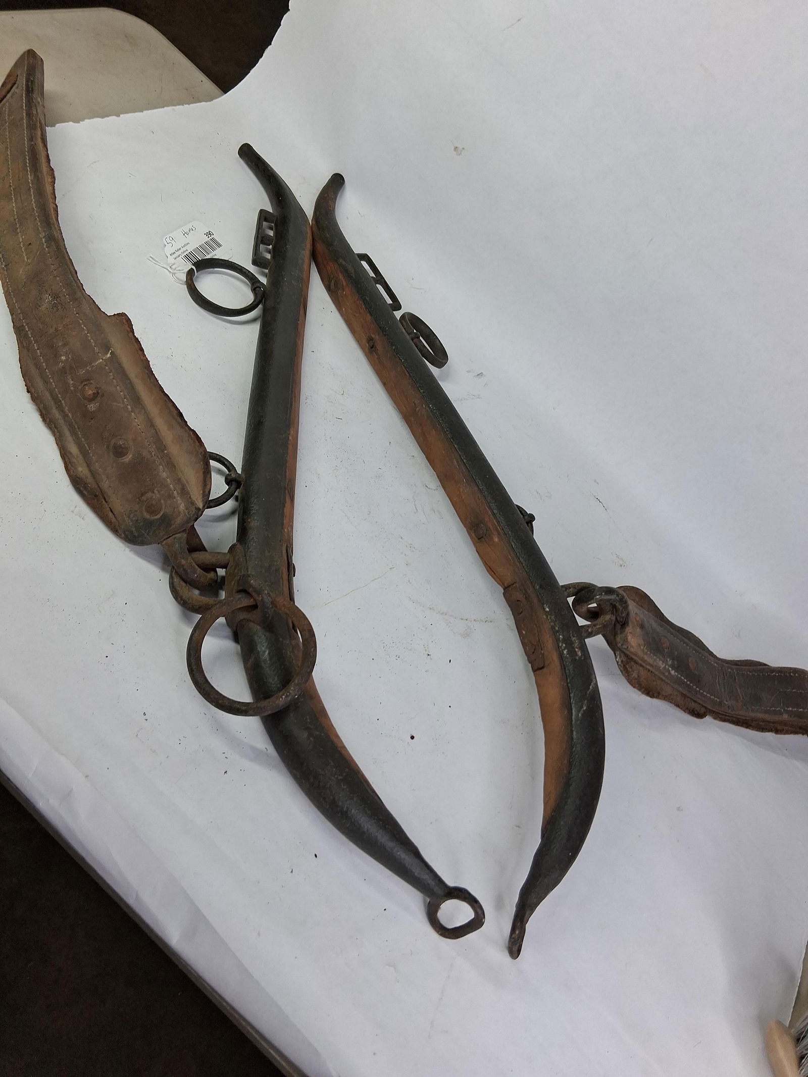 Old Iron & Wood Hames: Good condition, with rings and leather strap. Several small chipped areas. 