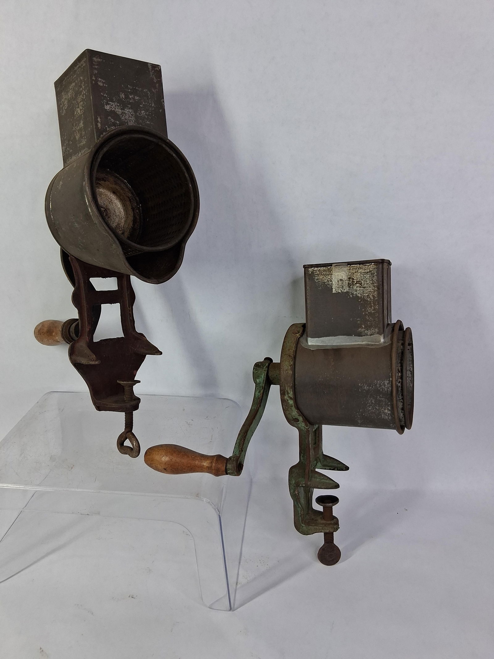Climax and Harras Cast iron Table Mount Nut Grinders / Graters: Great early lot of 2 with all parts moving freely as should? ?