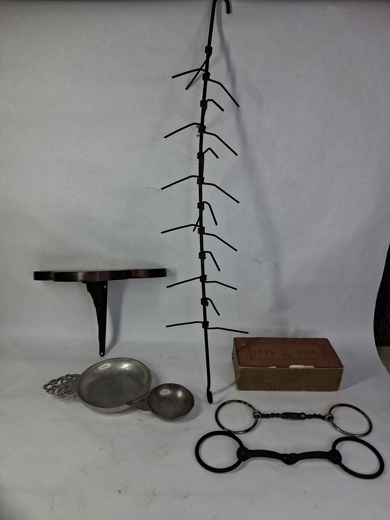 1776 - 1976 Commemorative Brick, Bits, Pewter Porringers, Shelf, Corn Cob Dryer: Great primitive commemorative lot of various items inc. 7 lots 