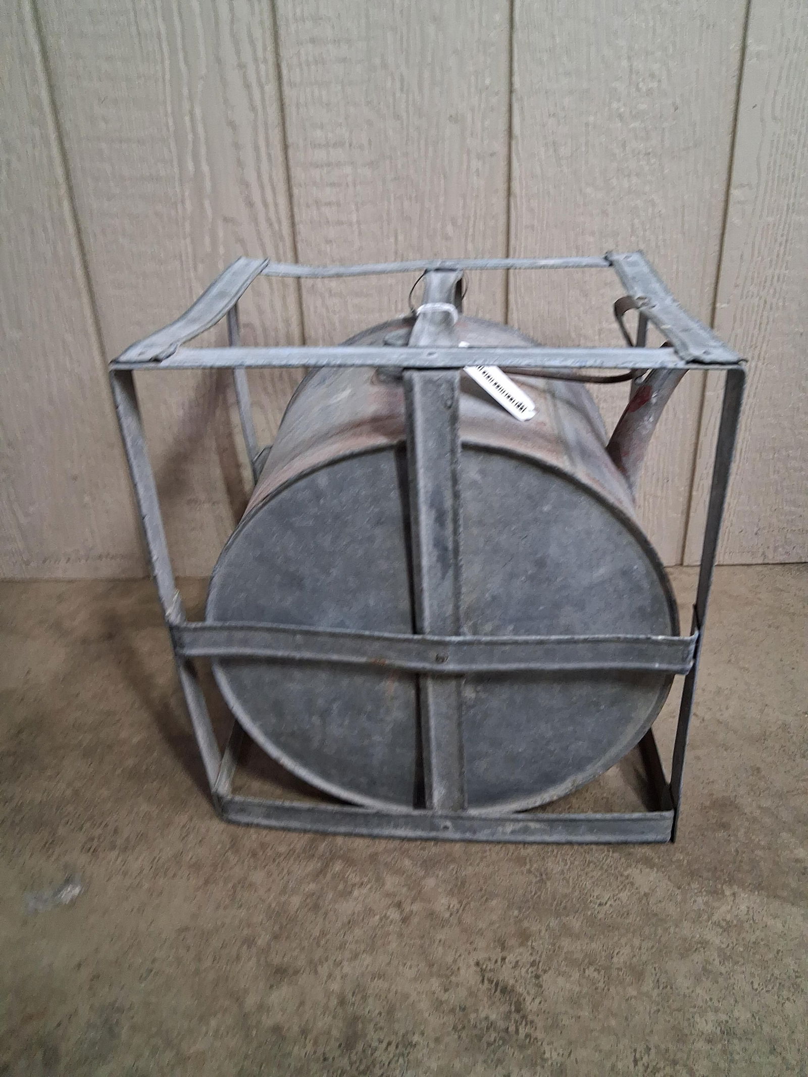 1890's Brown Oil 5 Gal. Galvanized Pivoting Rocker Oil Can in Crate Housing: showing paint and finish loss 