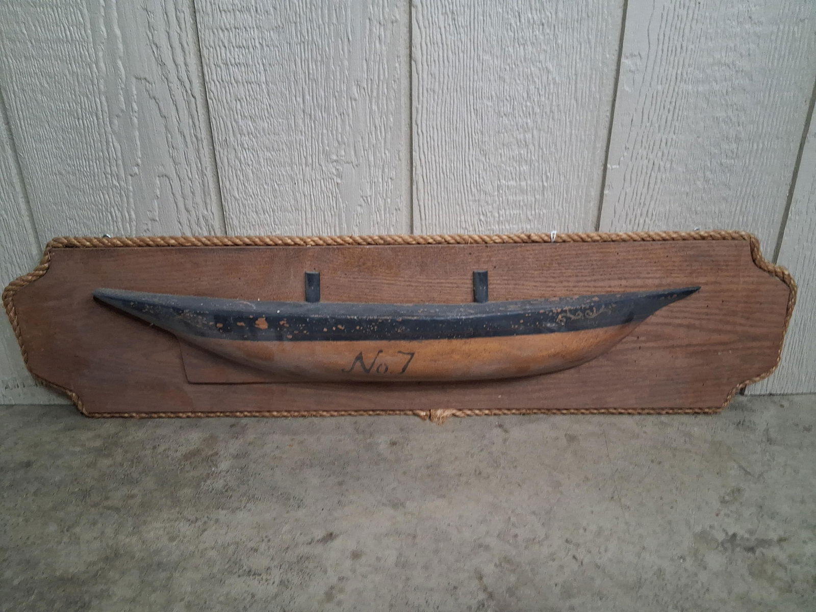 Hand Crafted Nautical Folk Art Wood Carved and Rope Lined Ship Wall Hanging (1 of 4)
