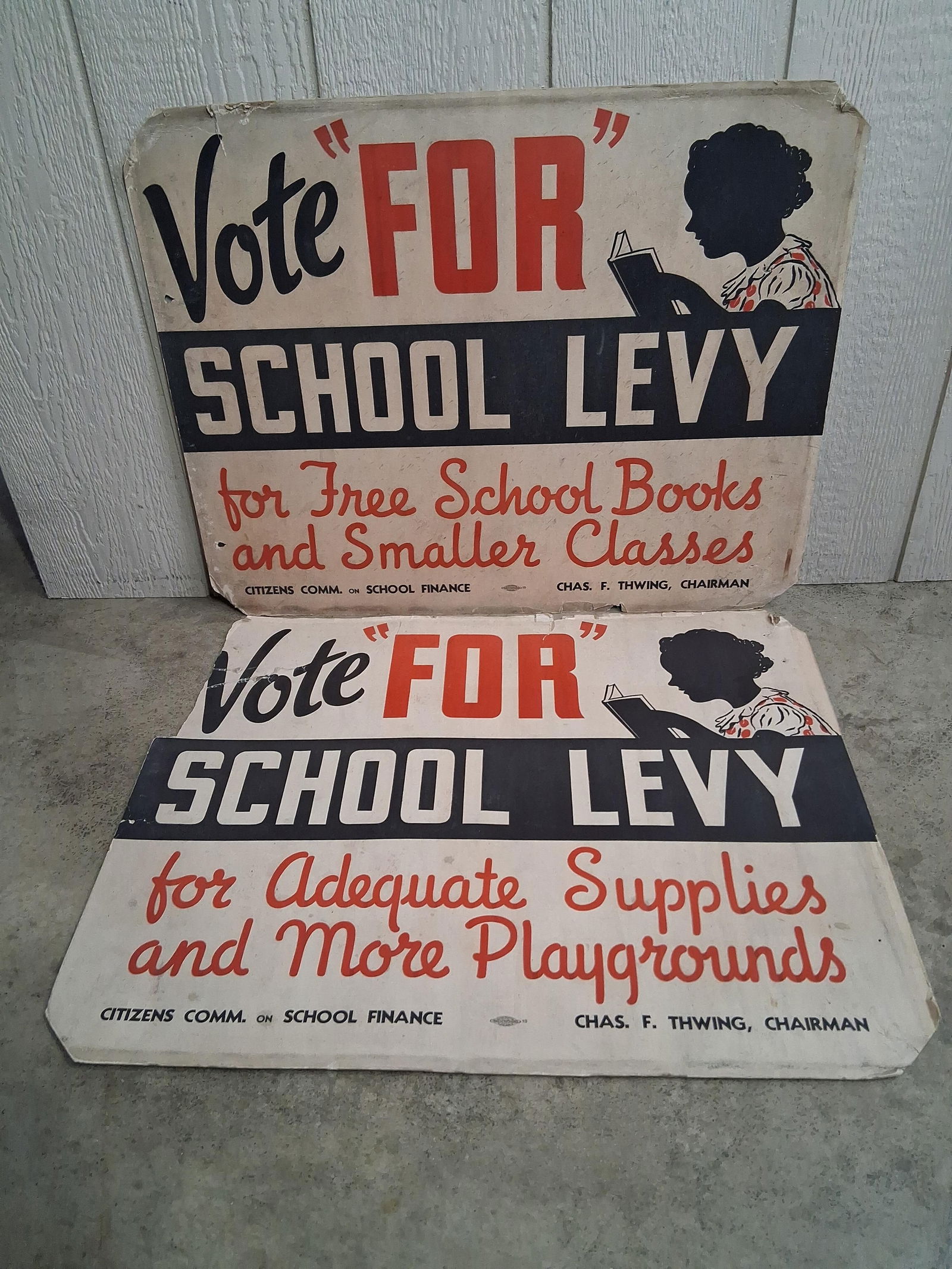 Allied Printing Union Label Trade Council Original Political School Levy Posters Lot of 2: This great early lot of original posters depict Vote for School Levy For Adequate Supplies and More Playgrounds and the second is for Free School Books and Smaller Classrooms by Chas. F. Thwing