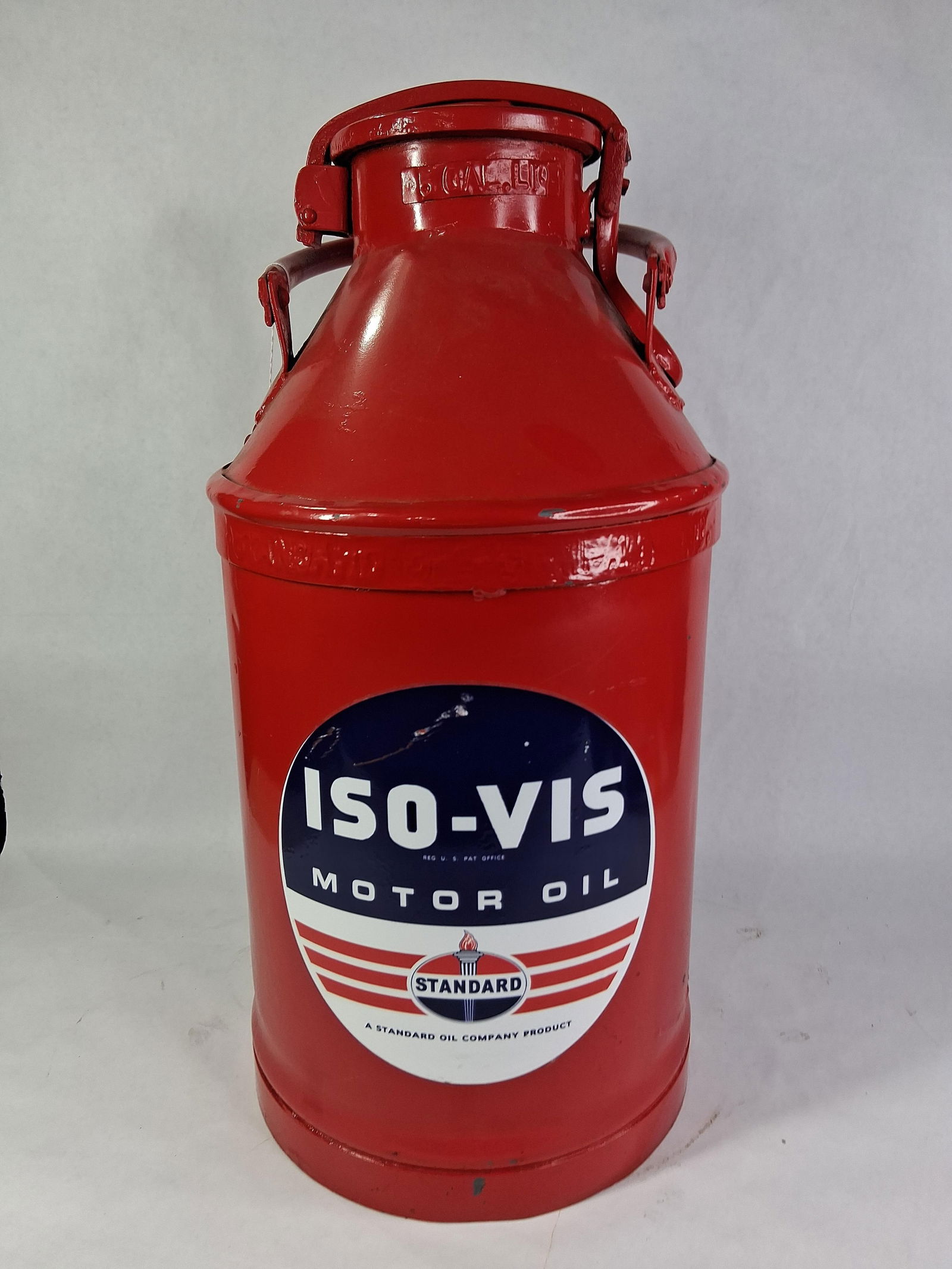 Standard Oil 5 Gallon Can: Great restored can, several small spots throughout of paint loss and a scratch to decal. 21 inches tall. 