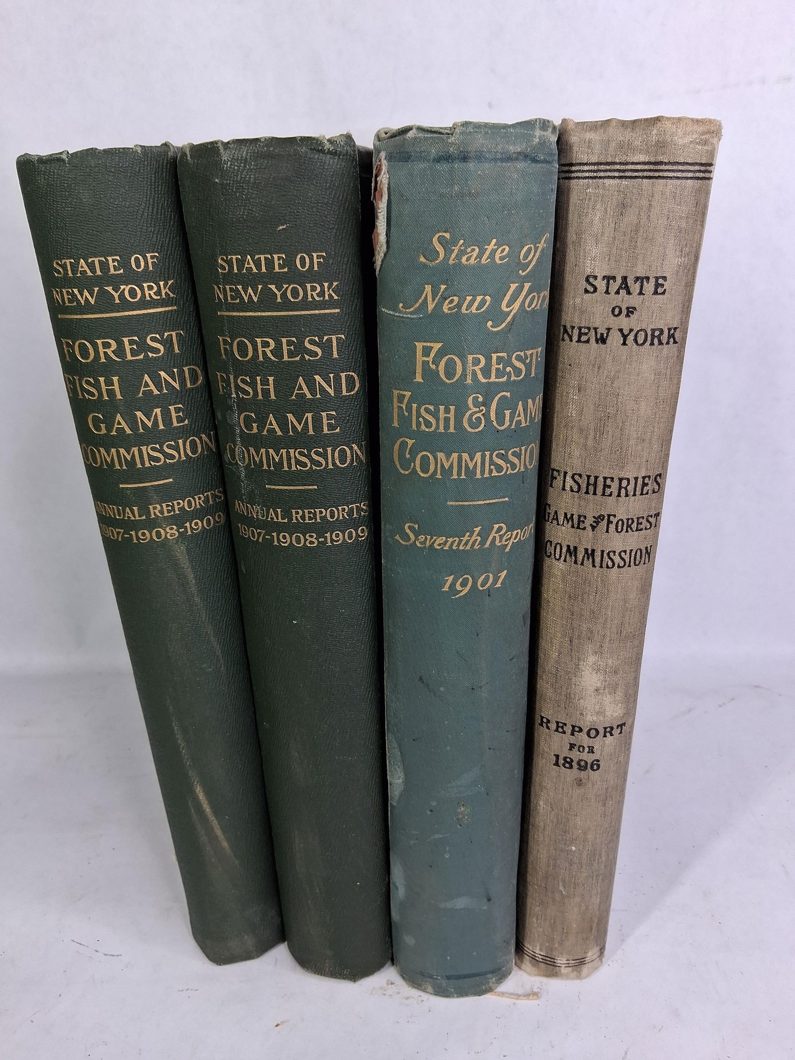 State of New York Forest Fish & Game Commission and Fisheries Game & Forest 1896 to 1909 Reports: This great lot of books showing minor areas of condition issues due to age and usage would make a great display or addition to any collection? Great pictorial graphics in each book as well?