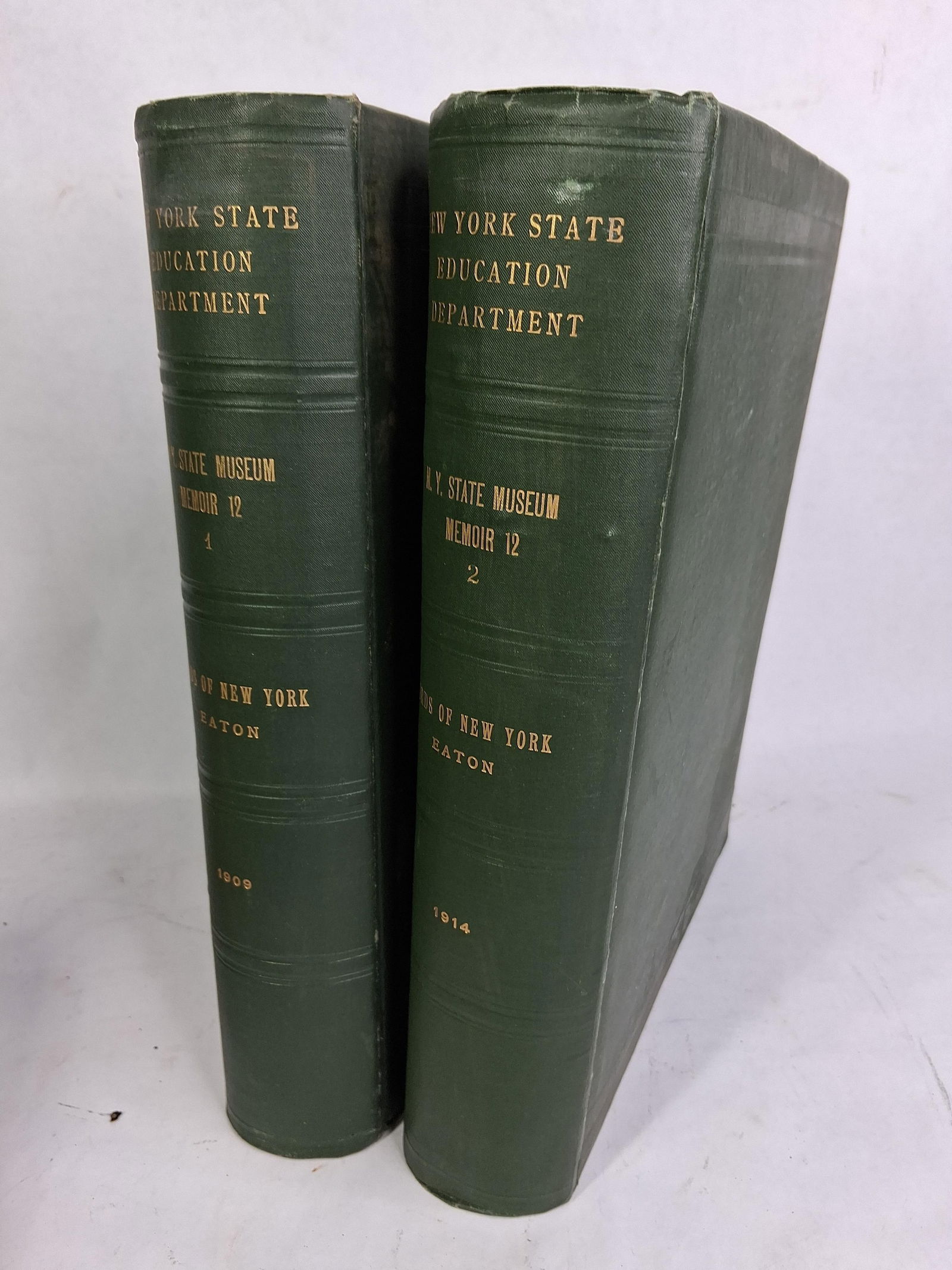 New York State Ed. Dept. 1909 & 1914 NY State Museum Memoir 12 No. 1 and 2: This great lot of books showing minor areas of condition issues due to age and usage would make a great display or addition to any collection ?