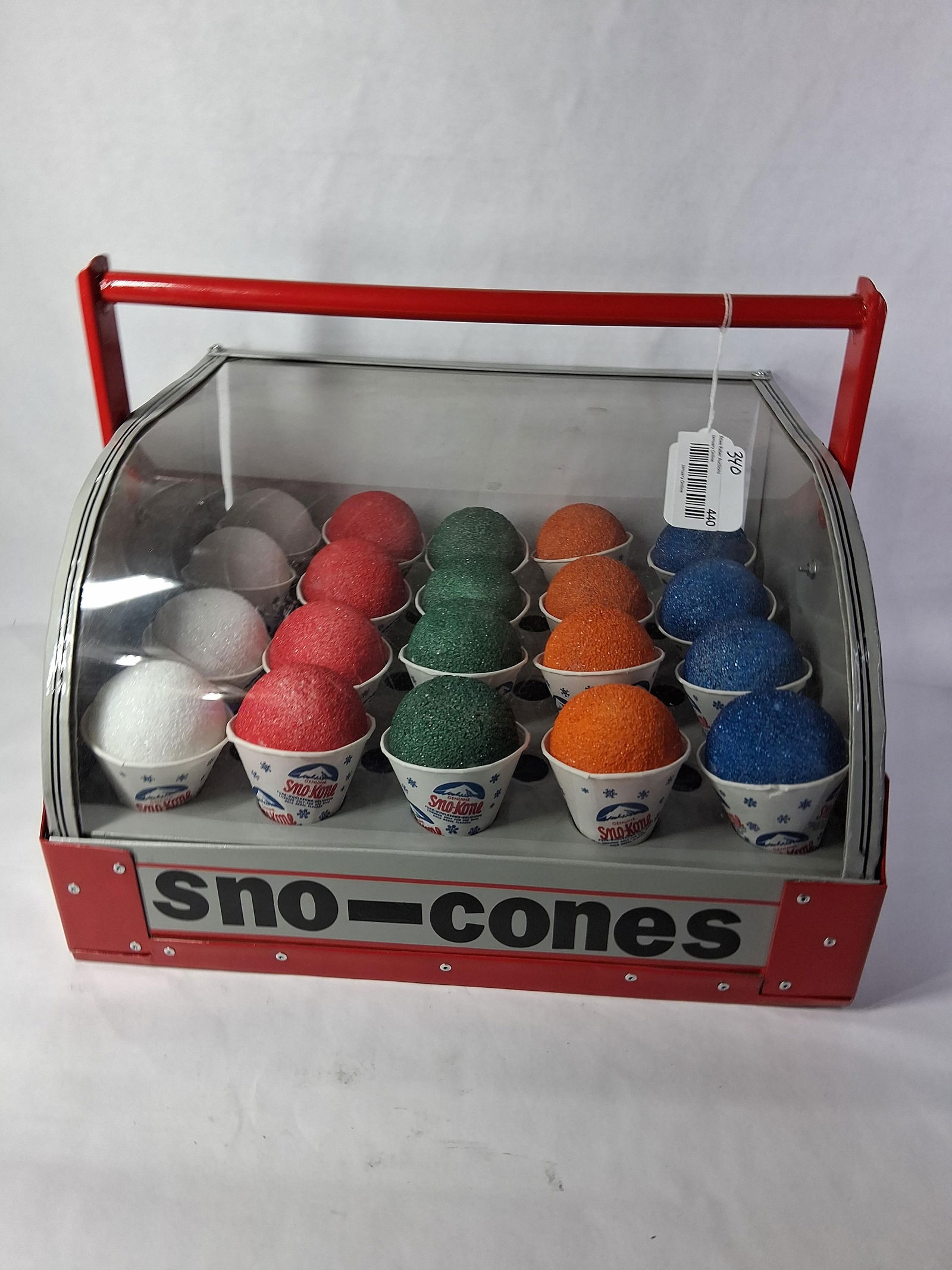 Stadium Snowcone Carrying Case: Holds 20 snow cones. Tin frame with plastic window. 17x15x14.5